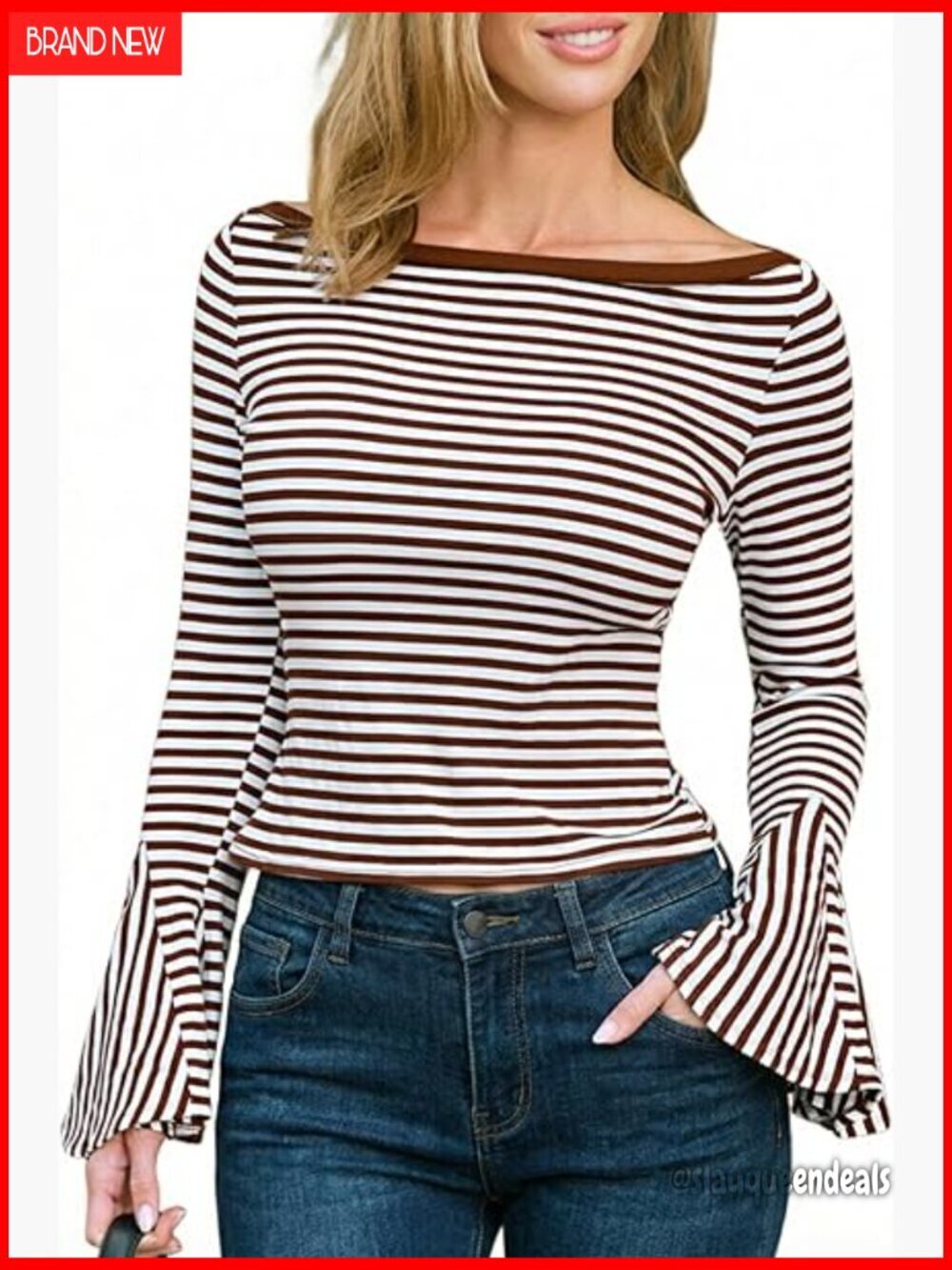 Striped Bell Sleeve Boat Neck Crop Top Slim Fit Long Sleeve Tee